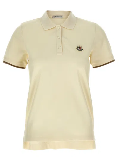 Moncler White Piquet Logo Patch Polo Shirt In Beige