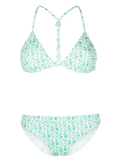 Moncler All-over Logo Printed Triangle Bikini With Adjustable Should In Green Multi