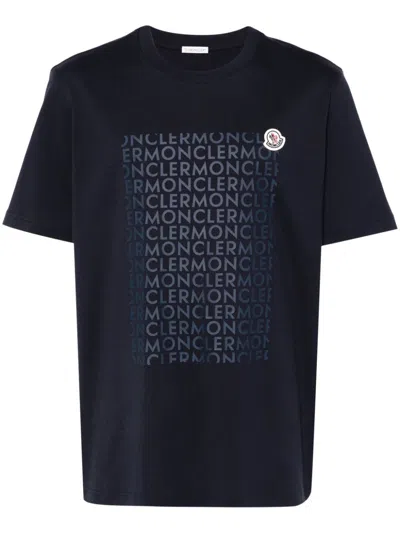 Moncler Blue T-shirt With Repeated Logo Pattern In Black
