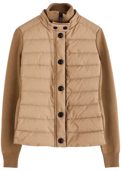 Moncler Logo Quilted Shell And Wool-blend Cardigan In Beige