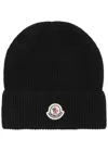 Moncler Logo Ribbed Cotton Beanie In Black