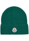 Moncler Logo Ribbed Cotton Beanie In Green
