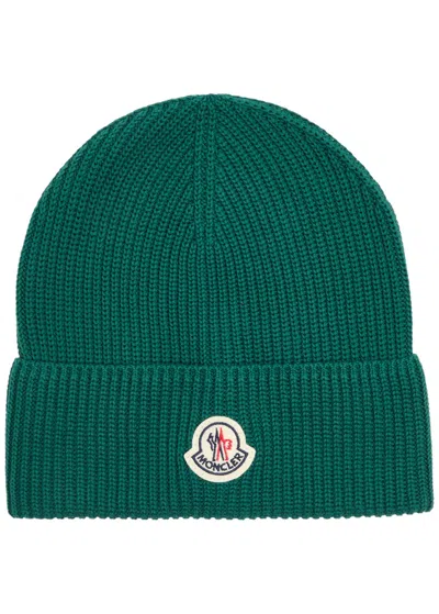 Moncler Logo Ribbed Cotton Beanie In Green