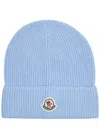 Moncler Logo Ribbed Cotton Beanie In Light Blue