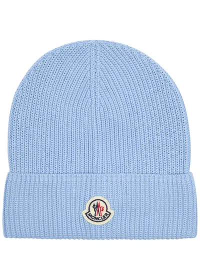 Moncler Logo Ribbed Cotton Beanie In Light Blue