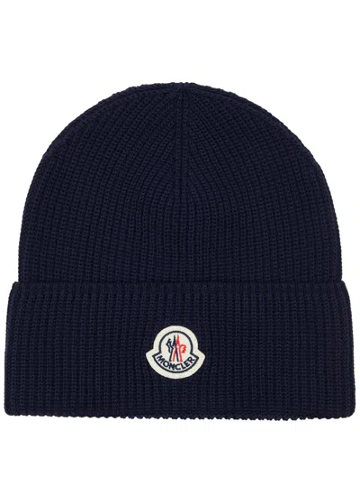 Moncler Logo Ribbed Cotton Beanie In Blue