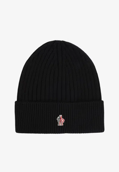 Moncler Ribbed Beanie With Folded Cuff And Embroidered Logo In Black