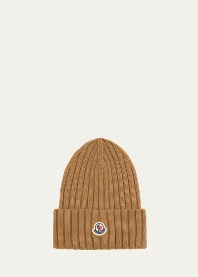 Moncler Logo Ribbed Wool Beanie In Medium Beige