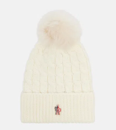 Moncler Logo Shearling-trimmed Virgin Wool Beanie In White