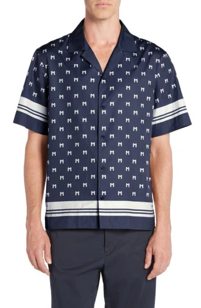 Moncler Logo Short Sleeve Cotton Poplin Button-up Shirt In Navy