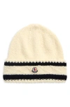 Moncler Logo Stripe Cuff Virgin Wool Blend Beanie In Neutral