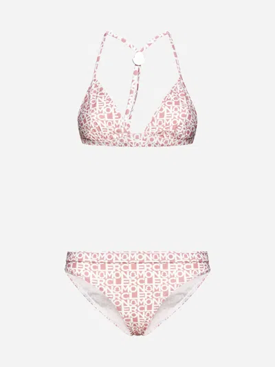 Moncler All-over Logo Printed Triangle Bikini With Adjustable Should In Pink