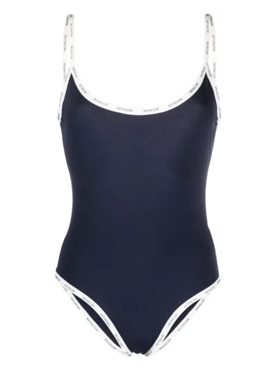 Moncler One-piece Swimsuit With Logo Trim In Navy