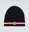 Moncler Tricolor Stripe Ribbed Wool Beanie In Black