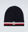 Moncler Tricolor Stripe Ribbed Wool Beanie In Blue