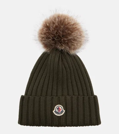 Moncler Logo Virgin Wool Beanie In Green