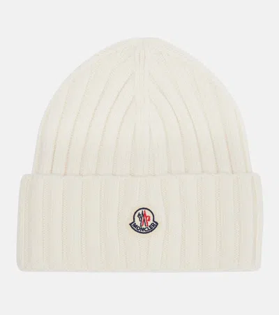 Moncler Logo Virgin Wool Beanie In White