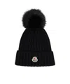 Moncler Ribbed Knit Wool Beanie With Faux Fur Pom-pom In Black