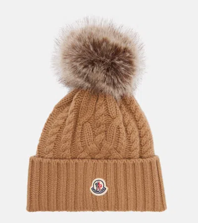 Moncler Logo Wool And Cashmere Beanie In Sand