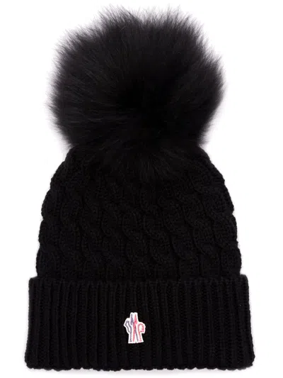 Moncler Black Textured Pom Pom Beanie Hat In Brown