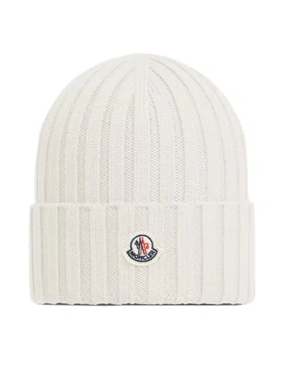 Moncler Logo Wool Beanie In White