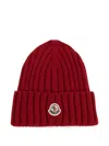 Moncler Cable-knit Wool Beanie With Logo In Burgundy In Red