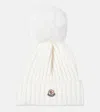 Moncler Ribbed Wool Beanie With Faux Fur Pom In White