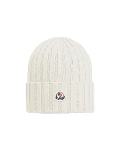 Moncler Logo Wool Beanie In White
