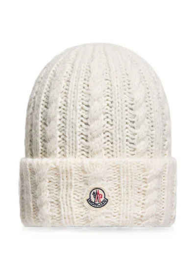 Moncler Logo Wool Beanie In White