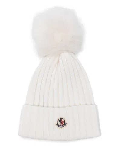 Moncler Logo Wool Beanie In White