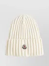 Moncler Logo Wool Beanie With Turn-up Brim In Neutral