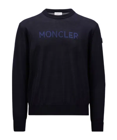 Moncler Logo Wool Round-neck Sweater In Blue