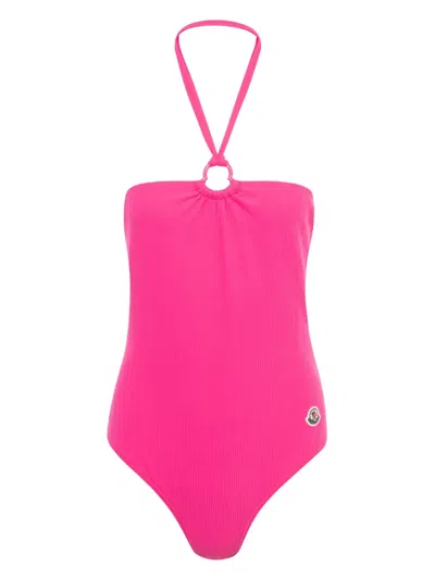 Moncler Logo-appliqué Halterneck Swimsuit In Pink