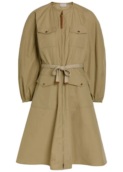 Moncler Logo-appliquéd Belted Cotton-blend Midi Dress In Brown