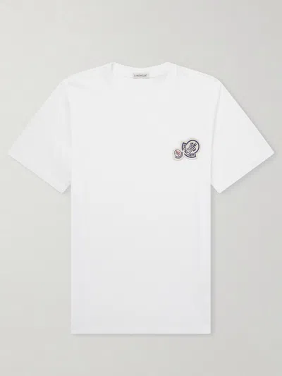 Moncler White Cotton Jersey T-shirt With Double Logo Patch In Multi