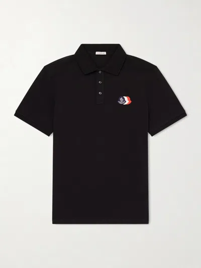 Moncler Blue Cotton Polo Shirt With Triple Crest Logo Patch In Black