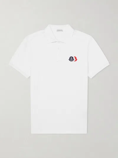 Moncler White Cotton Polo Shirt With Triple Crest Logo Patch In Animal Print