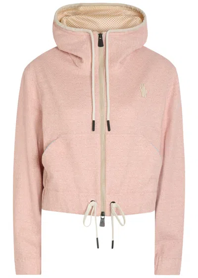 Moncler Logo-appliquéd Hooded Linen-blend Sweatshirt In Pink