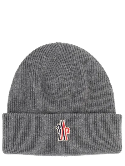 Moncler Logo-appliquéd Virgin Wool Beanie In Grey