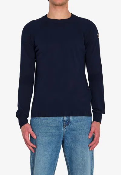 Moncler Crew Neck Knit Sweater Ribbed Trims In Blue