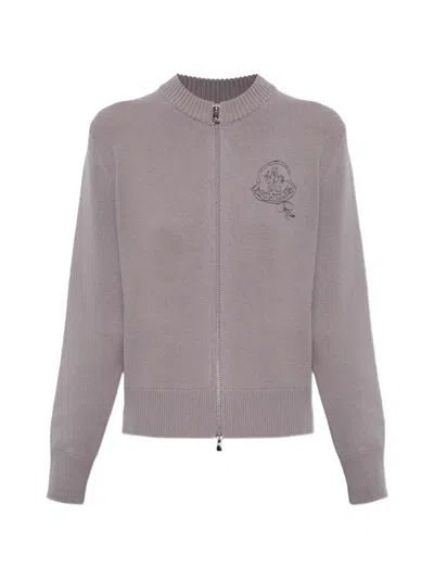Moncler Logo-embroidered Wool-cashmere Cardigan In Gray