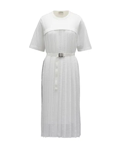 Moncler Logo-patch Belted Midi Dress In Gray