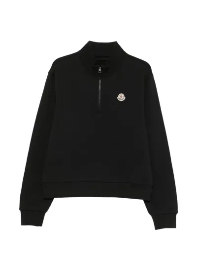 Moncler Cotton Stand-collar Zip T-shirt With Logo Patch In Black