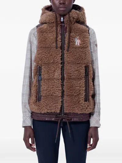 Moncler Logo-patch Hooded Gilet In Brown