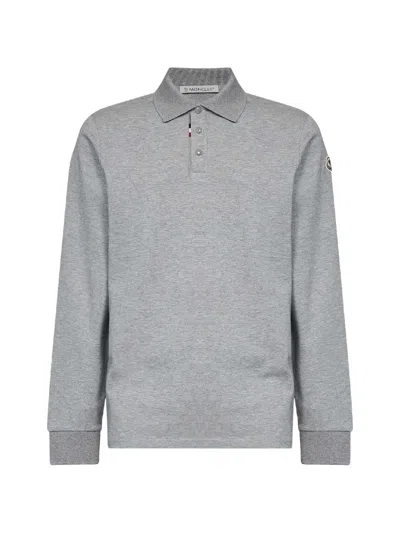 Moncler Logo-patch Long-sleeve Polo Shirt In Gray