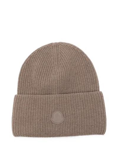 Moncler Logo-patch Ribbed-knit Beanie Hat In Brown