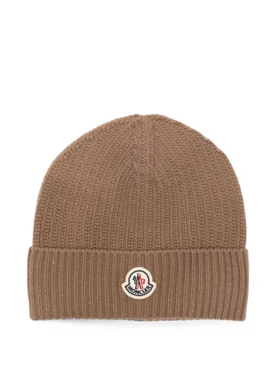 Moncler Logo-patch Ribbed-knit Beanie Hat In Brown