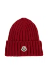 Moncler Cable-knit Wool Beanie With Logo In Burgundy In Red