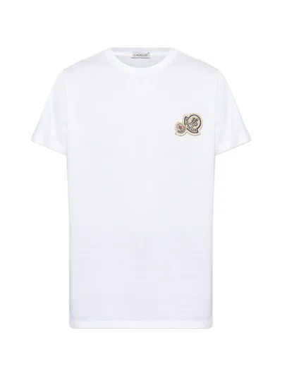 Moncler White Cotton Jersey T-shirt With Double Logo Patch In Multi