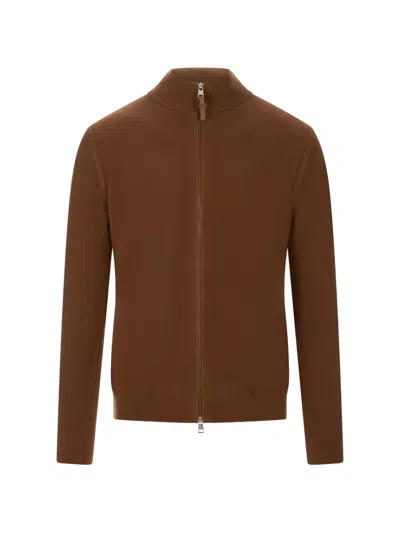 Moncler Logo-patch Zip-up Jacket In Brown